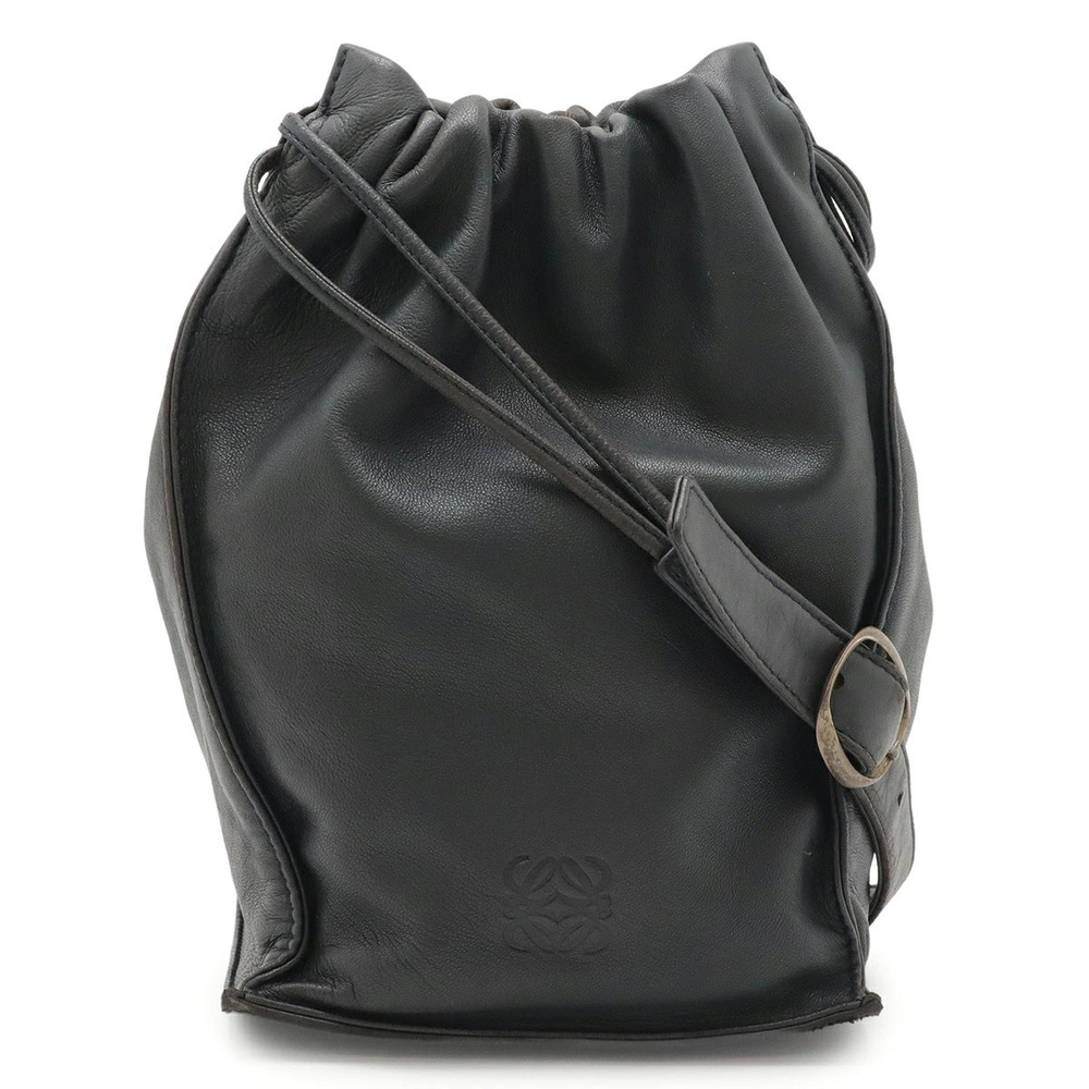 Loewe Anagram Pochette Shoulder Bag Drawstring Hobo Leather Dark Navy Blue